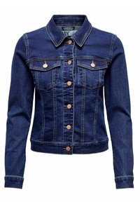 Jeansjacka i mörkblått, med krage, knappstängning framtill, två bröstfickor och långa ärmar med knappstängning vid ärmsluten.