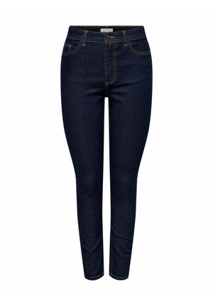 Tumši zili skinny džinsi, kas izgatavoti no denima ar gludu tekstūru, ar piecām kabatām, jostas cilpiņām un kontrastējošu apelsīnu šuvumu.
