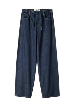 Pantaloni din denim de culoare albastră închisă, cu un design evazat. Dispune de un tiv elastic, șnur de ajustare și buzunare frontale. Textură netedă cu cusături vizibile.