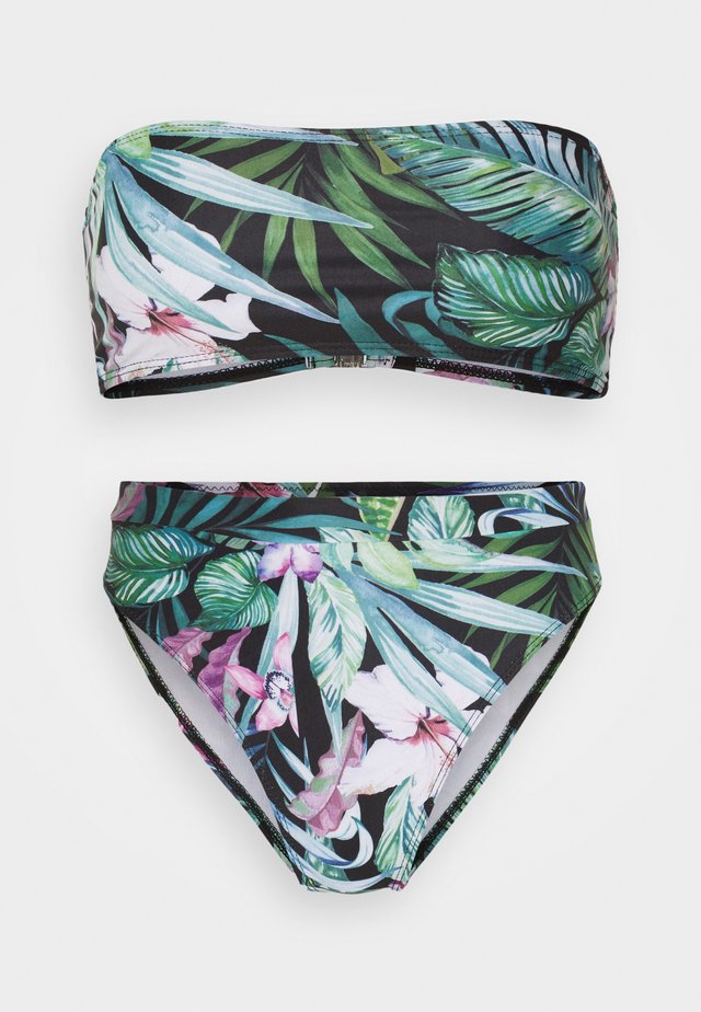 FLORAL BANDEAU AND HIGH WAISTED BOTTOMS SET - Bikini - black