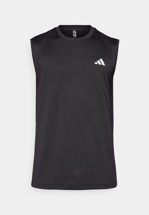 Black sleeveless athletic top made of breathable fabric, featuring a round neckline and a white logo on the upper left side.