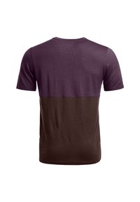 Short-sleeve t-shirt with a purple upper section and brown lower section, made from soft fabric, featuring a crew neck design.