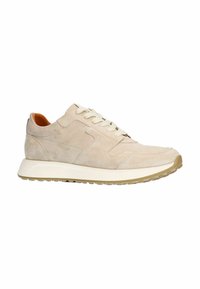 Beige Wildlederschuh mit runder Zehenpartie, strukturiertem Obermaterial, Schnürverschluss und weißer Zwischensohle. Gummisohle für Traktion.