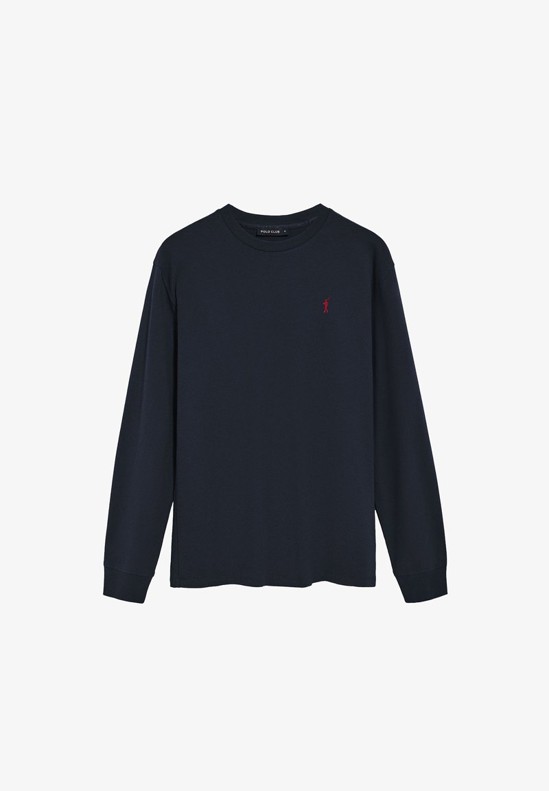 Marinblå långärmad t-shirt i bomull. Har en rund ringskjärning och en liten röd logotyp på vänster bröst. Klassisk passform med rak nederkant.