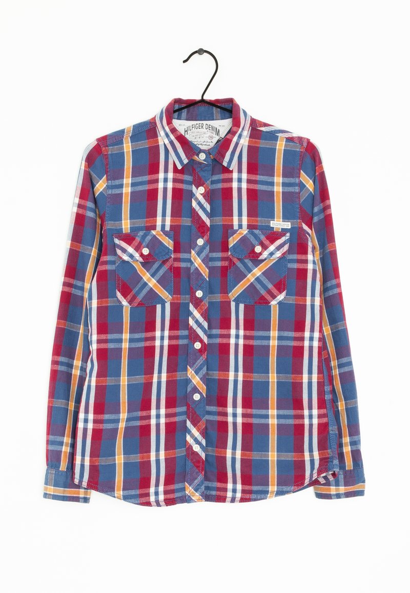 Camicia a maniche lunghe a quadri con motivi a check blu, rosso, arancione e giallo, dotata di due tasche sul petto e dettagli con bottoni.