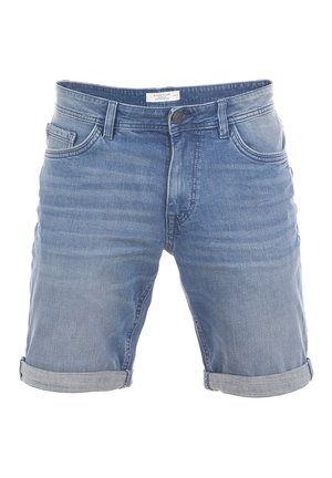 Blaue Jeansshorts mit klassischem Fünf-Taschen-Design, umgeschlagenen Säumen und einem verwaschenen Look. Mit Knopfverschluss und Gürtelschlaufen.