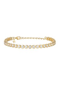 Gold bracelet with a row of round clear gemstones, adjustable chain clasp, and a small gold charm near the clasp.