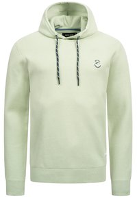 Sudadera de color verde claro hecha de tela texturizada, con un bolsillo tipo canguro, capucha ajustable con cordones de contraste y un pequeño logo.