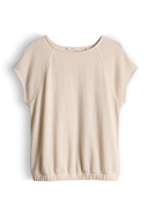 Maglia beige a maniche corte con scollo rotondo e orlo elastico, mostrata distesa su uno sfondo bianco.