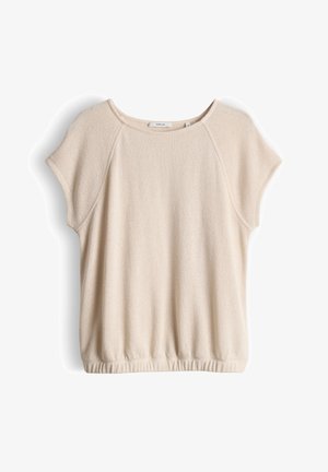 Maglia beige a maniche corte con scollo rotondo e orlo elastico, mostrata distesa su uno sfondo bianco.