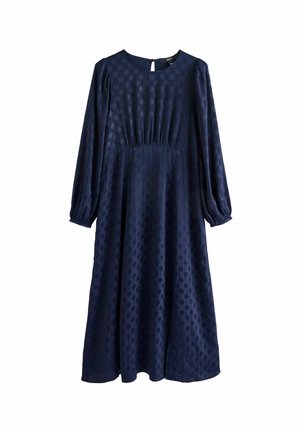 Dunkelblaues Midikleid aus strukturiertem Stoff mit einem Punktmuster, rundem Ausschnitt und langen Ärmeln mit gerafften Bündchen.