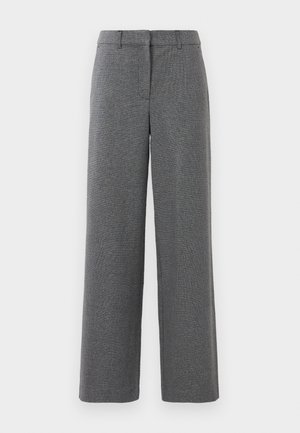 Grå bukser med et strukturert, vevd stoff. Bred ben-design, flat front, og ingen synlige spenner eller detaljer. Passer til formelt antrekk.