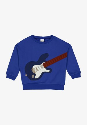 Blauwe sweatshirt met een geborduurde elektrische gitaarontwerp, voorzien van crème- en bordeauxaccenten. Het heeft een ronde hals en lange mouwen.