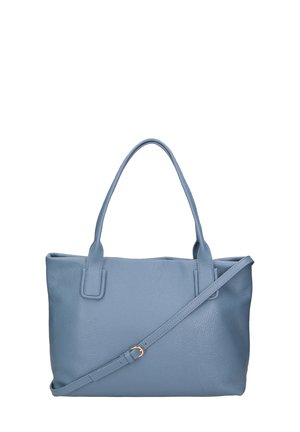 Leren totebag in lichtblauw, voorzien van twee korte handvatten en een afneembare schouderriem. Gestructureerde afwerking met subtiele stiksel details.