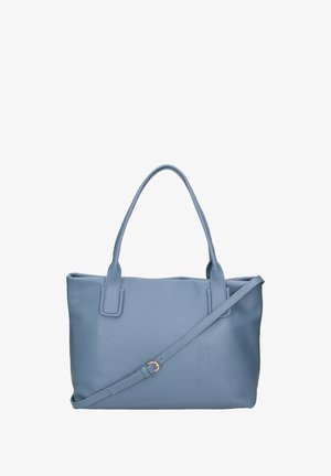 Leren totebag in lichtblauw, voorzien van twee korte handvatten en een afneembare schouderriem. Gestructureerde afwerking met subtiele stiksel details.