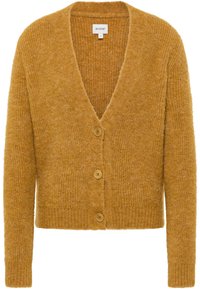 Mustang senapsgul cardigan med V-ringning, knappstängning, ribbade ärmar och texturerad stickning. Kort, cropped stil med mjukt material.