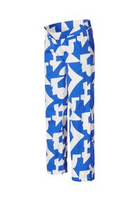 Blauwe en witte gestreepte broeken met een wijde pijpdesign, voorzien van abstracte vormen. Gemaakt van lichtgewicht stof met een elastische tailleband.