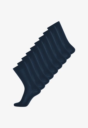 Sæt af ti mørkeblå sokker, der har en glat tekstur og ankelhøjde med en forstærket tå for holdbarhed. Enkel, klassisk design.