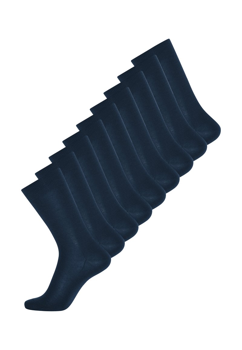 Sæt af ti mørkeblå sokker, der har en glat tekstur og ankelhøjde med en forstærket tå for holdbarhed. Enkel, klassisk design.