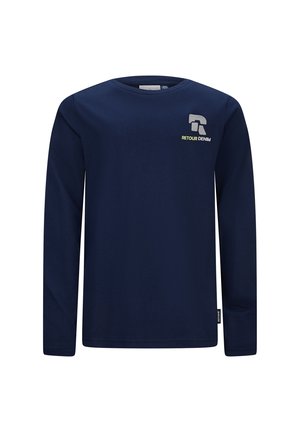 Marineblaues Langarm-T-Shirt aus Baumwolle mit gelbem "RETOUR DENIM"-Logo und strukturiertem Design auf der linken Vorderseite.