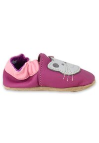 Lila Leder-Schuh mit pinken Akzenten und einem grauen Katzenkopf auf der Vorderseite, mit einer weichen Wildledersohle und einem elastischen Eingang für einfaches Anziehen.