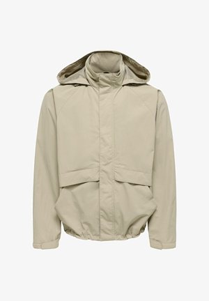 Beige Kapuzenjacke mit hohem Kragen, vorne Klappentaschen, elastischem Saum und verdecktem Frontreißverschluss.