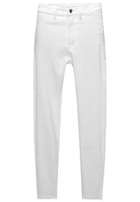 Jean blanc slim avec bouton sur le devant, fermeture éclair, passants de ceinture, et poches avant et arrière, présenté à plat sur fond blanc.