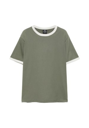 PULL&BEAR, RINGER T-SHIRT WITH CONTRAST RIBBING - T-shirts basic - khaki