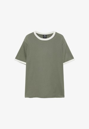 PULL&BEAR, RINGER T-SHIRT WITH CONTRAST RIBBING - T-shirts basic - khaki