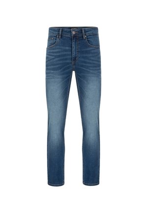 Niebieskie dżinsy o slim fit. Posiadają średnie pranie, pięć kieszeni i zapięcie na guzik. Delikatne wyblaknięcia i przetarcia na udach.