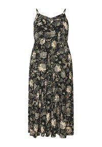 Svart maxikjol med ett blommönster i beige. Har tunna axelband, en figurnära bodice och en flödande, lager-på-lager kjol. Mjuk tygtextur.