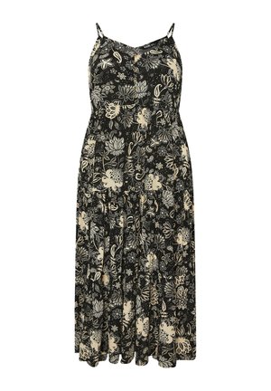 Zwarte maxi-jurk met een bloemenpatroon in beige. Beschikt over dunne bandjes, een aansluitend bovenlijfje en een vloeiende, gelaagde rok. Zachte stoftextuur.