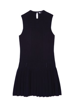 Marineblå ærmeløs kjole med figursyet overdel, plisseret skørt og en nøglehuldetalje på ryggen. Fremstillet af glat, strækbar strikstof.