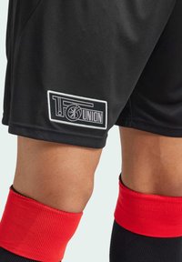 Pantalones cortos deportivos negros con un parche de logo tejido que dice '1. FC UNION' en blanco. El modelo lleva calcetines rojos y negros con textura acanalada.