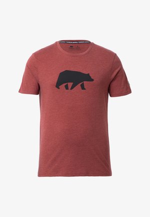 Rode T-shirt met korte mouwen gemaakt van zacht materiaal, voorzien van een silhouetontwerp van een zwarte beer op de voorkant. Ronde halslijn met een geprinte label.