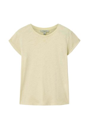 T-shirt in cotone beige crema a maniche corte con scollo rotondo e polsini risvoltati, taglia piccola.