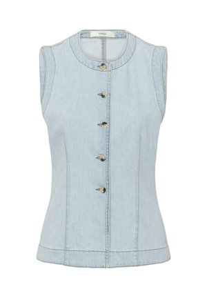 Veste en denim bleu clair sans manches avec un col rond et cinq boutons sur le devant, avec des coutures visibles pour une forme ajustée.