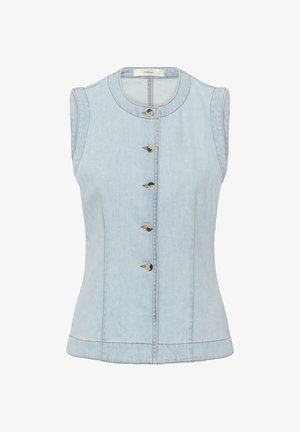 Varrukateta helesinine teksavest ümmarguse kaelusega ja viie ees oleva nupuga, selgelt nähtavate õmblustega istuva lõikega.