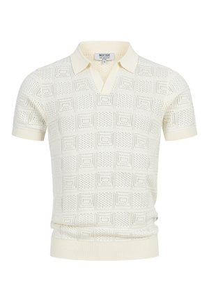 Roomkleurig tricot poloshirt met korte mouwen en geometrisch ajourpatroon, geribbelde boorden, kraag en tailleband, maat medium.