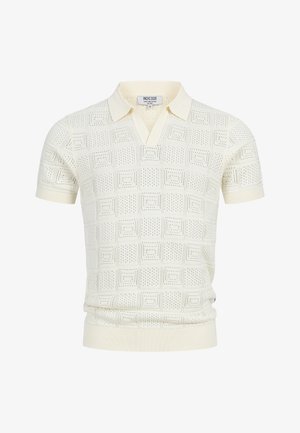 Roomkleurig tricot poloshirt met korte mouwen en geometrisch ajourpatroon, geribbelde boorden, kraag en tailleband, maat medium.