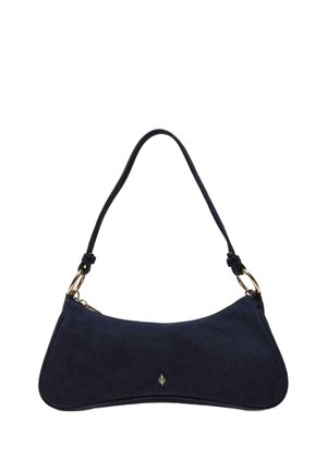 Lille skuldertaske i marineblåt ruskind med gyldent lynlås, guld hardware-ringe og en tynd enkelt strop.