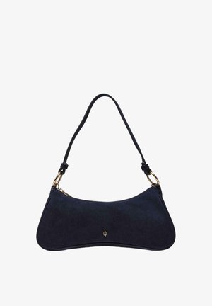 Petite sacoche d'épaule en daim bleu marine avec fermeture éclair dorée, anneaux métalliques dorés, et une fine bandoulière unique.