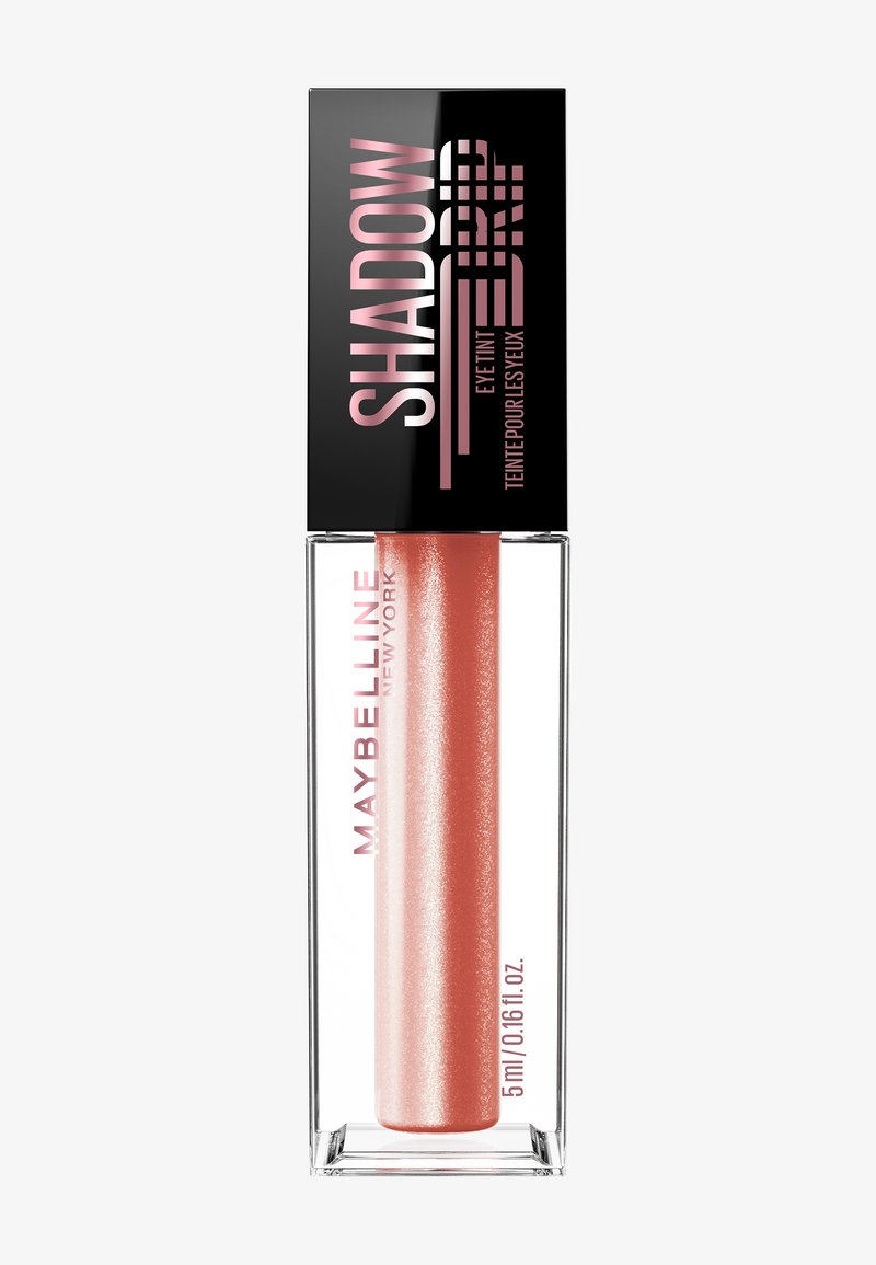 Teinte pour les yeux métallique rose de Maybelline New York dans un tube rectangulaire transparent avec un bouchon noir portant l'inscription "SHADOW".