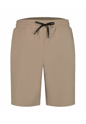 Pantalones cortos beige hasta la rodilla hechos de tela suave. Presentan una cinturilla elástica con cordón y bolsillos laterales. Diseño simple y funcional.
