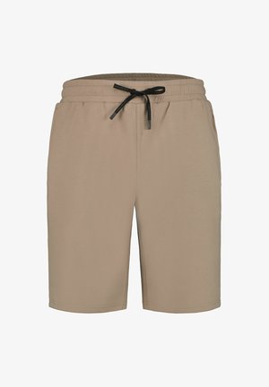 Beige, knielange shorts gemaakt van zachte stof. Voorzien van een elastische tailleband met trekkoord en zijzakken. Eenvoudig en functioneel ontwerp.