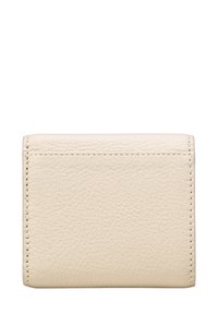 Cream leather wallet with a textured surface, rectangular shape, and visible stitching along the edges. No distinct patterns or hardware.