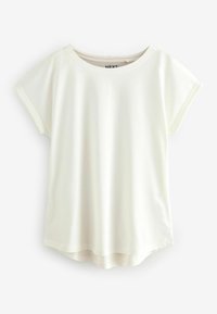 Weißes Kurzarm-T-Shirt mit weitem Ausschnitt und abgerundetem Saum. Hergestellt aus weichem Material mit glatter Struktur. Markenetikett sichtbar.