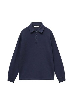 Marineblauw longsleeve poloshirt met drie knopen en een kraag, weergegeven tegen een witte achtergrond.