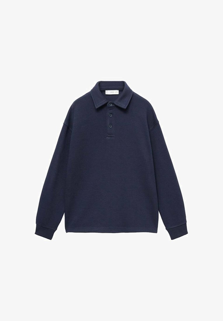 Dunkelblaues Langarm-Polohemd mit drei Knöpfen und Kragen, vor einem weißen Hintergrund präsentiert.