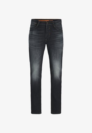 Ciemnoniebieskie dżinsy o prostym kroju, z wyblaknięciem na udach, pięcioma kieszeniami i kontrastowym pomarańczowym szwem na pasku.